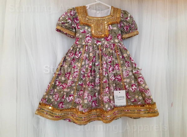 New Traditional  Flower Printed  Golden Matalic Lace Work Frock 