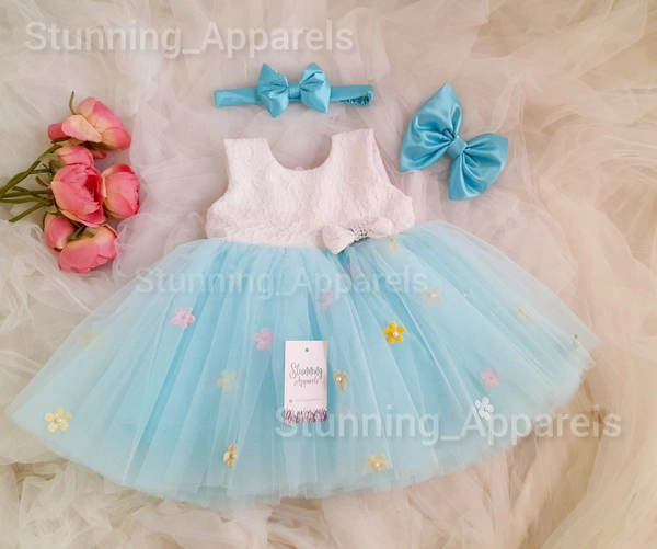 Multi Color Flowers Work Sky Ble Partywear Frock 