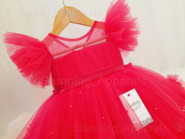 Mageta Pink Ruffled Pearls Work Primium  Partywear Frock 
