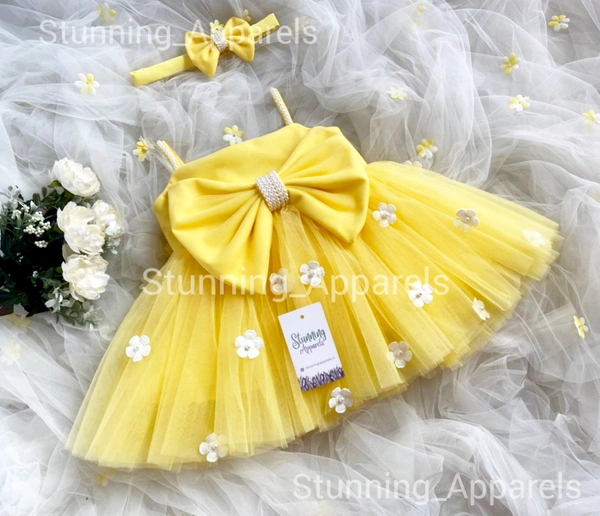 Flower Work Strapped Yellow Partywear Frock 