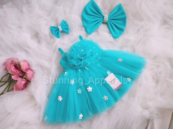 White Flower Work Strapped Sky Blue Frock 