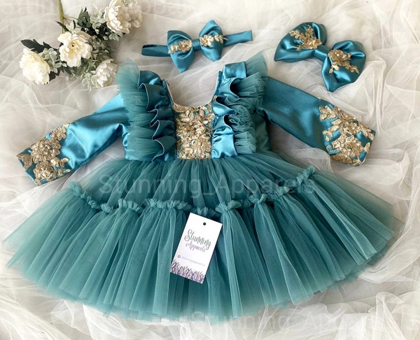 Golden Patch Work Teal Green Partywear Dress 