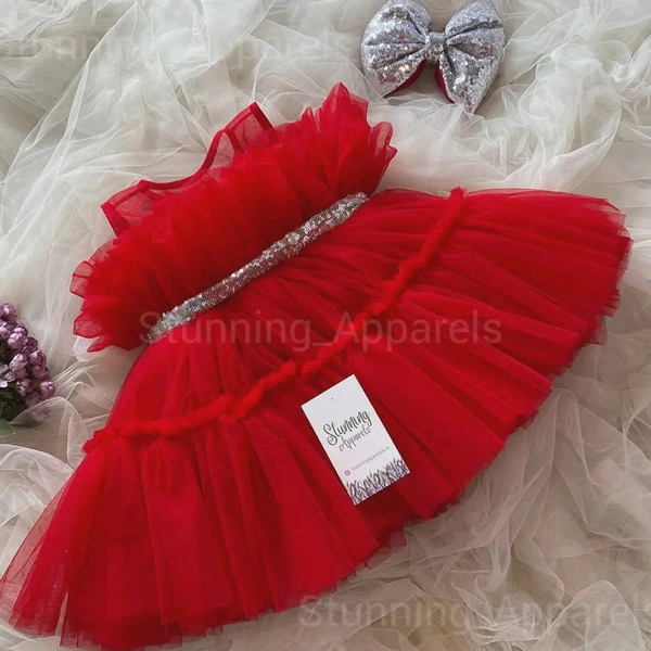 Silver Sequins Belt And Bow Partywear Red Dress