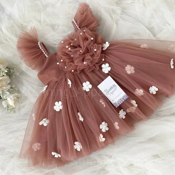 White Flower Work Strapped  Ruffled Sleeves Pastel  Brown Dress 