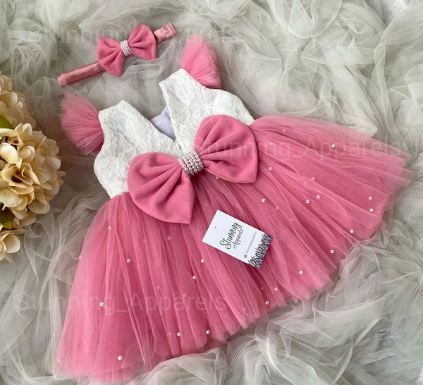 Beautiful  White Pearls Work Partywear Peach Dress