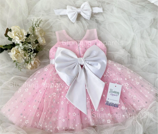 Stylish White Satin Bow Partywear  Baby Pink Dress