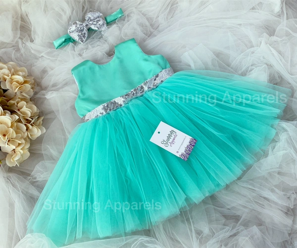Silver Sequins Belted Bow Partywear See Green Dress