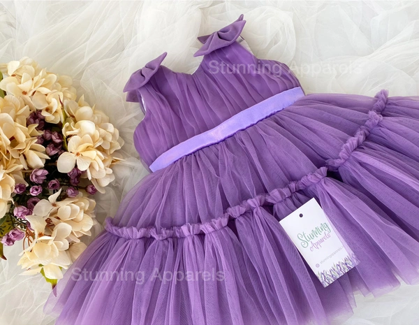 Shoulder Bow Ruffled Partywear Dark Lavender Dress 