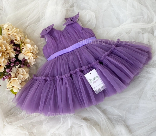 Shoulder Bow Ruffled Partywear Dark Lavender Dress 