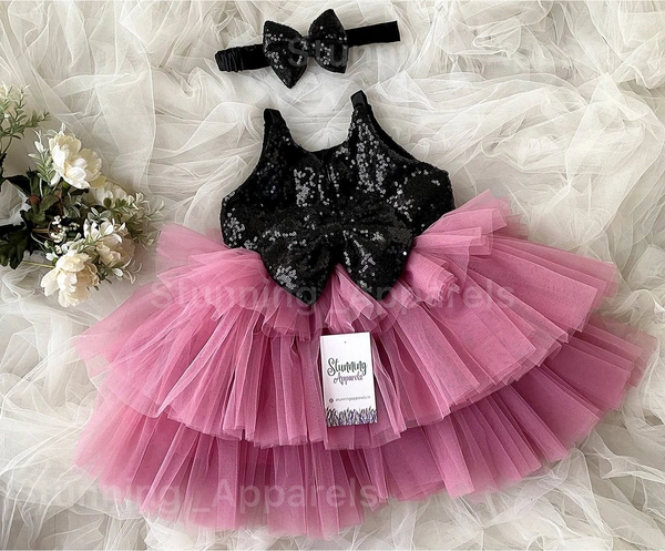Stylish Black Sequins Bow Partywear  Dusty Pink Dress 