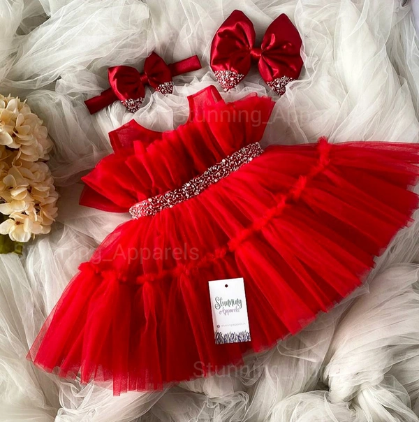 Designer Beads Work Ruffled Partywear Red Dress