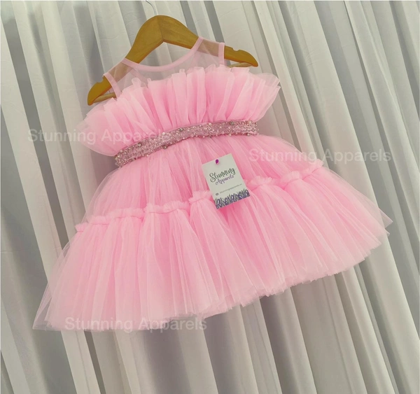 Designer Ruffled Partywear Baby Pink Frock 