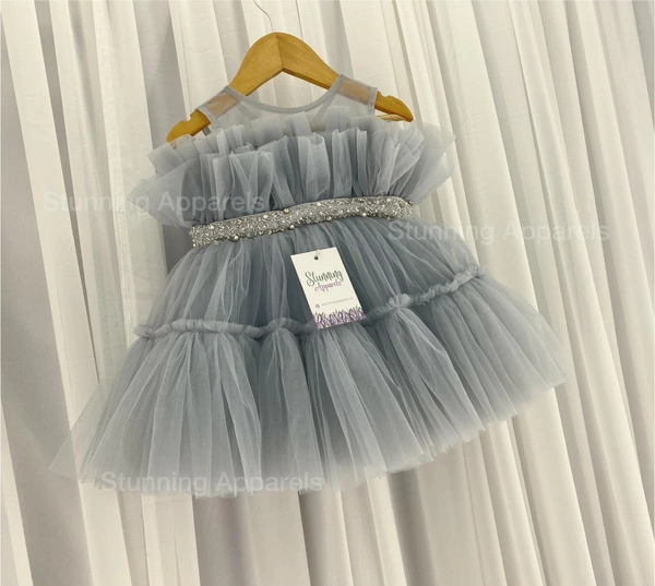 Designer Ruffled Partywear Grey Frock 