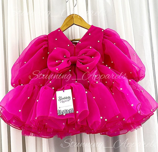 Designer Magenta Long Sleeves Pearls Work Stylish Organza  Frock 