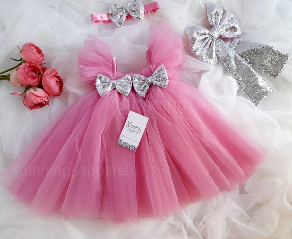 Silver Sequins Bow Partywear  Peach Dress 