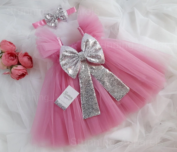 Silver Sequins Bow Partywear  Peach Dress 