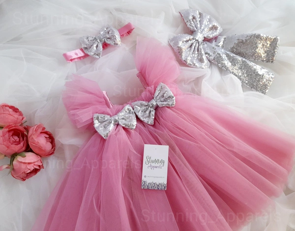 Silver Sequins Bow Partywear  Peach Dress 