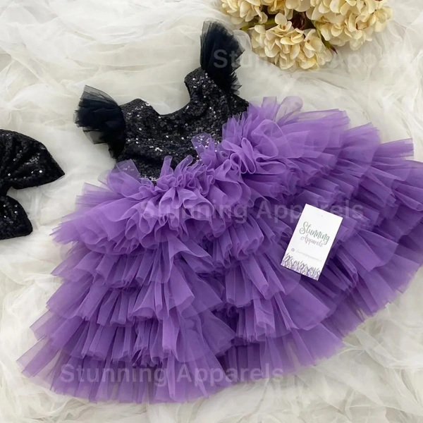 Black Sequins Bow Layer Partywear Lavender Frock 
