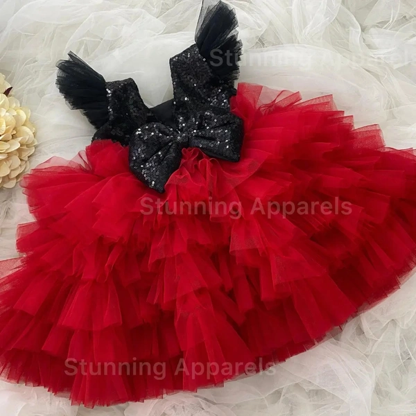 Black Sequins Bow Layer Partywear Red Frock 