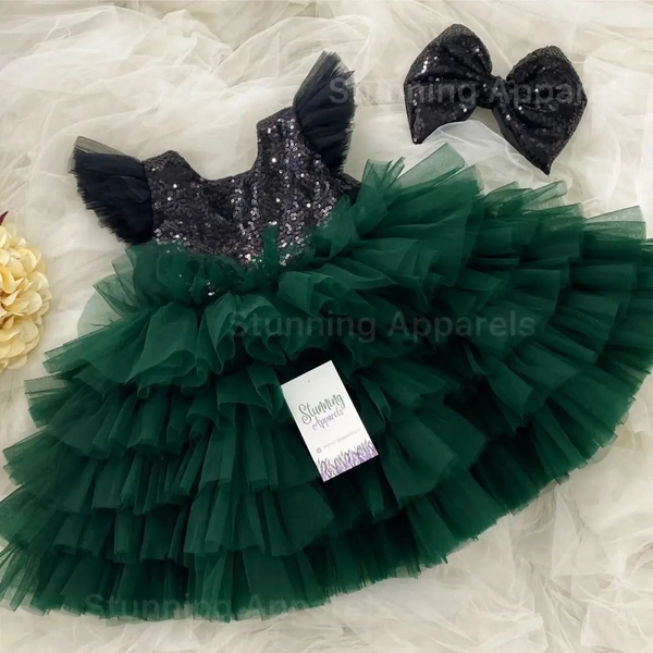 Black Sequins Bow Layer Partywear Green Frock 