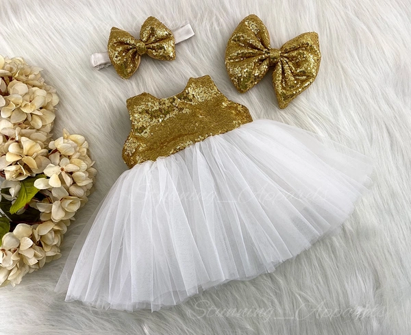 New Golden Sequins Double Bow White Party Wear