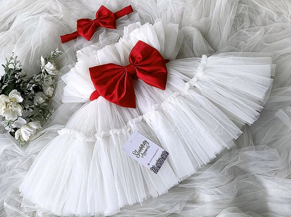 Red Satin Bow Ruffled Partywear White Frock 