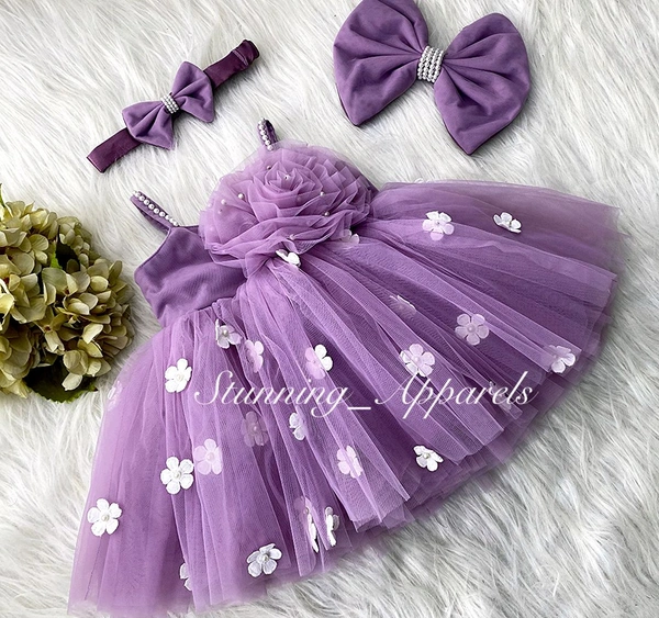 White Flower Strapped Partywear Lilac Dress 