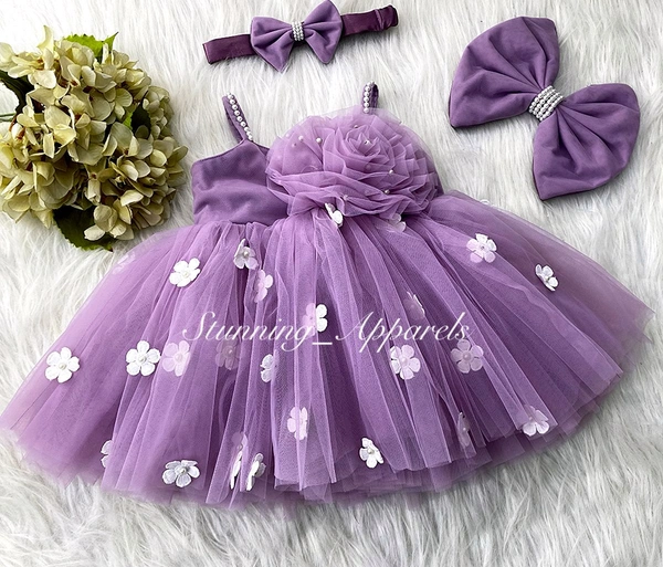White Flower Strapped Partywear Lilac Dress 