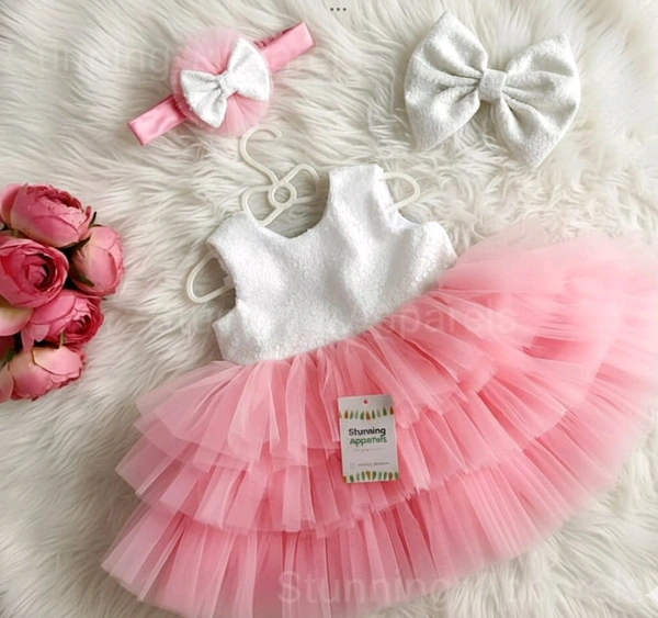 Milky Sequins Bow Layered  Peach Dress