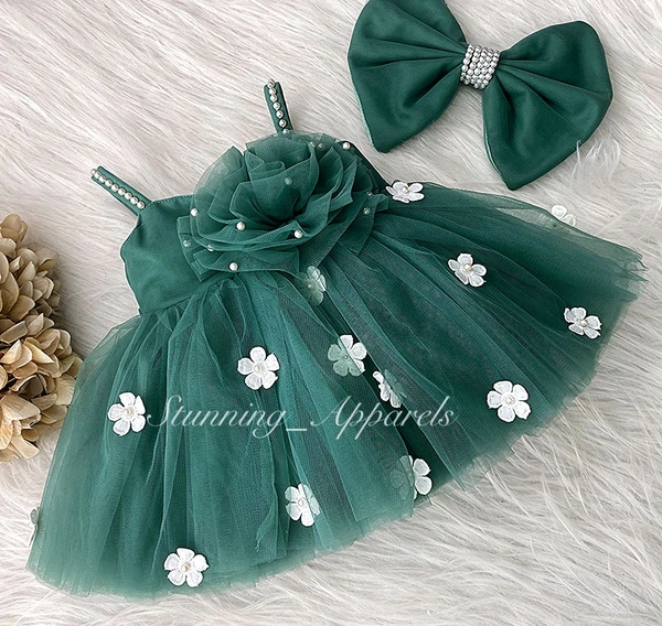White Flower Strapped  Teal Green Partywear  Dress 