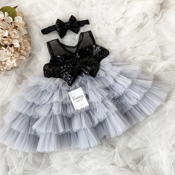 Black Sequins Bow Layered Partywear Gray Dress 