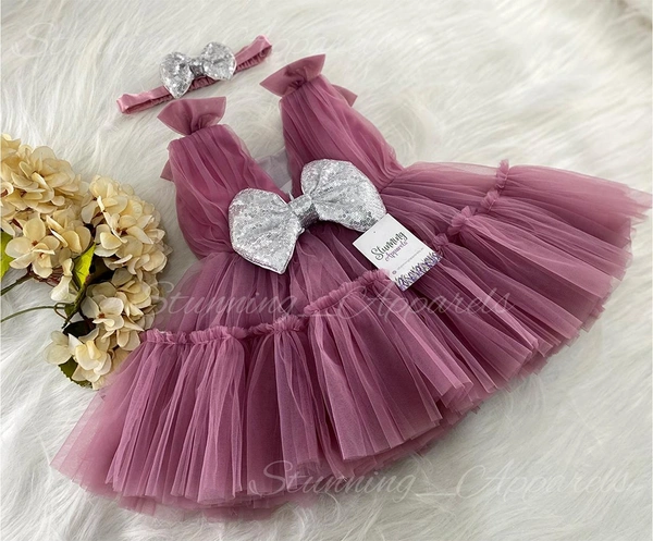 Shoulder Bow Ruffled Dusty Pink Partywear Frock 
