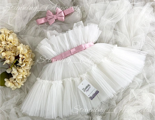 Ruffled Peach Satin  Bow Partywear White Frock 