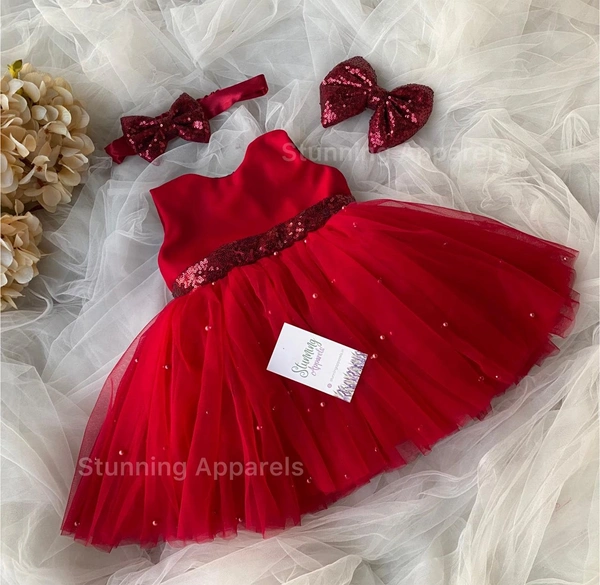 Maroon Sequins Bow Pearls Work Red Partywear Frock 