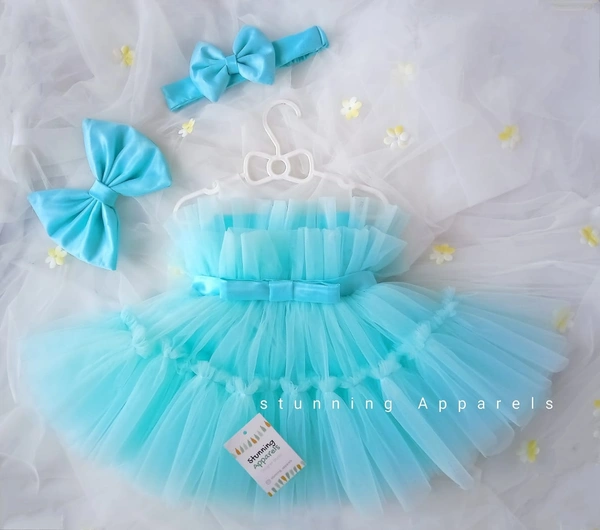 Satin Bow Ruffled Partywear Sky Blue Frock 