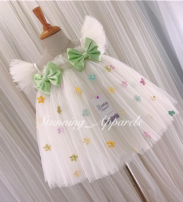 Multi Colors Flower Work Pista Satin Bow Umbrella White Frock 