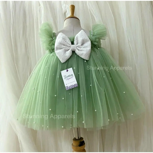 Milky Sequins Bow Partywear Pista Green Umbrella Frock 