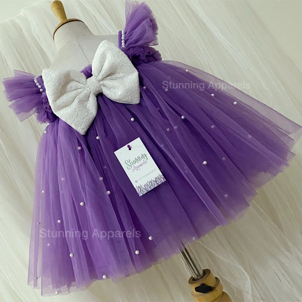 Milky Sequins Bow Partywear Dark Lavender Umbrella Frock 