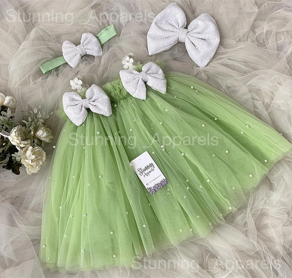 Pearls Work Umbrella  Pista Green Frock 