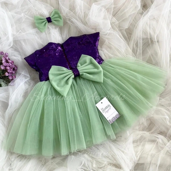 Purple Sequins  Bodice Cape Sleeves Mint Green Partywear Frock 