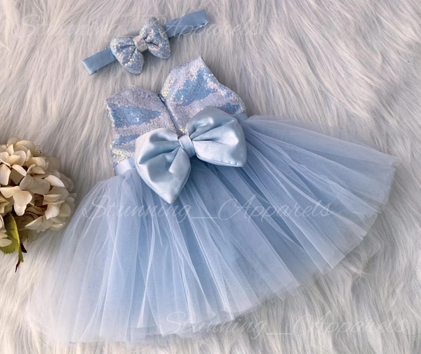 Satin Bow Partywear  Pastel Blue Frock 