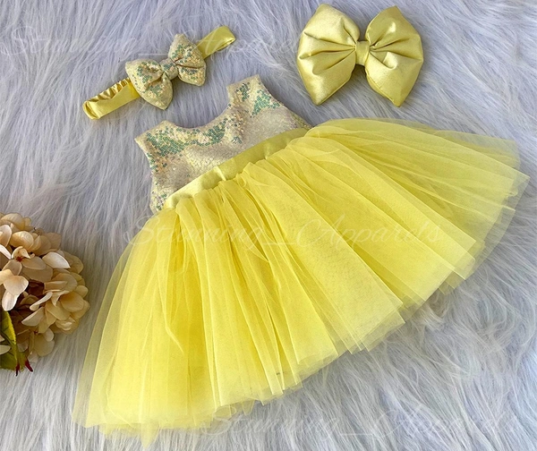 Satin Bow Partywear  Lemon Yellow  Frock 