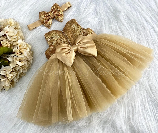 Golden Satin Bow Partywear Golden Frock 