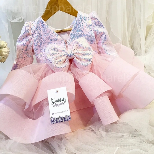 Beautiful Long Sleeves Baby Pink Partywear  Frock
