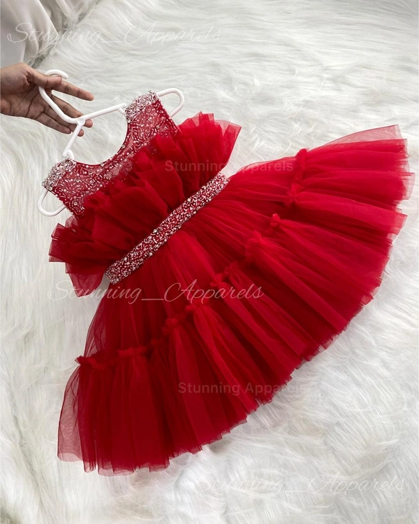 Designer Beads Work Partywear Ruffled Red Frock 