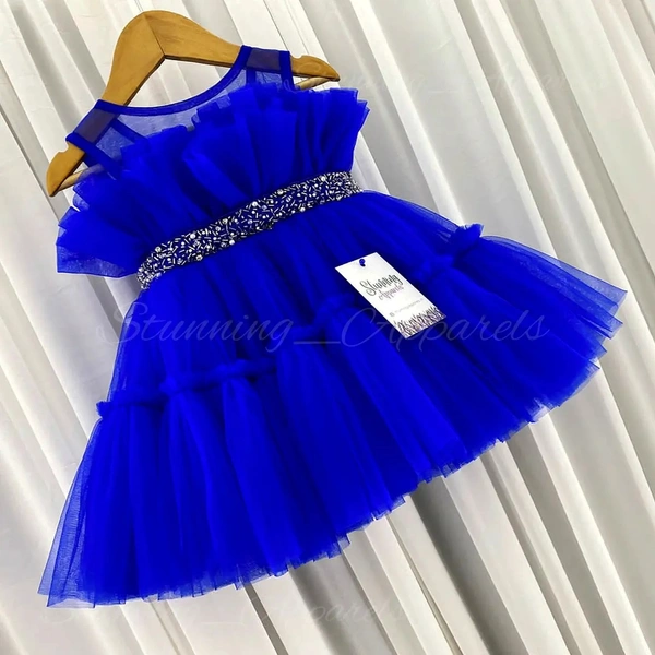Designer Ruffled Beads Work Partywear Royal Blue Frock