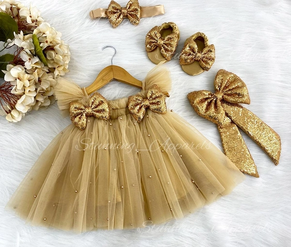 Golden Sequins  Bow Partywear  Umbrella  Golden Frock 