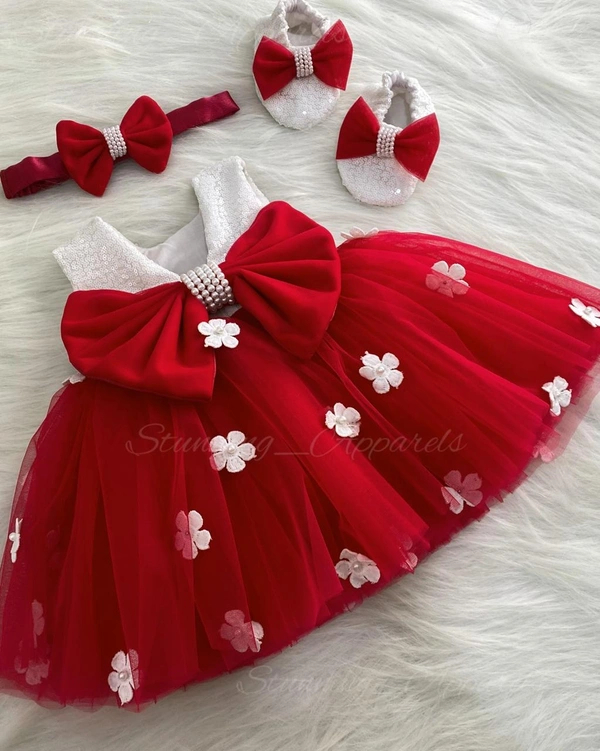 Milky Sequins White Flower Work Partywear  Red Frock ( Shoes Availble With 0-3 Month To 1-2 Years ) 