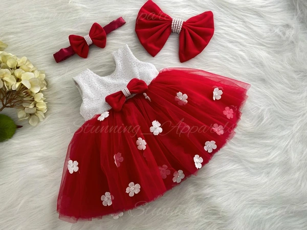 Milky Sequins White Flower Work Partywear  Red Frock ( Shoes Availble With 0-3 Month To 1-2 Years ) 