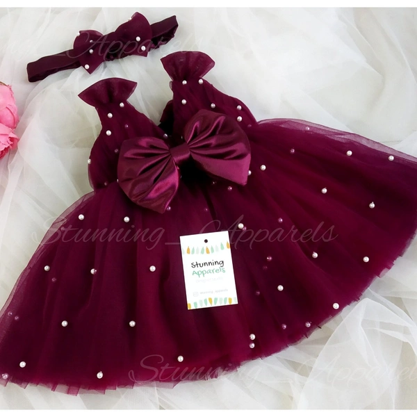Shoulder Bow Pearls Work Wine Partywear  Frock 
